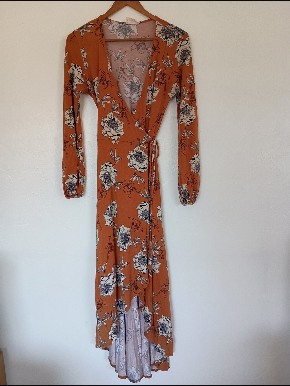Fantastic Fawn Burnt Orange Floral Wrap High-Low Dress